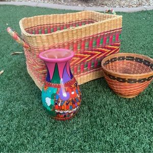Three Souvenirs from S. America Large Basket with Handles, Sm. Basket and Vase